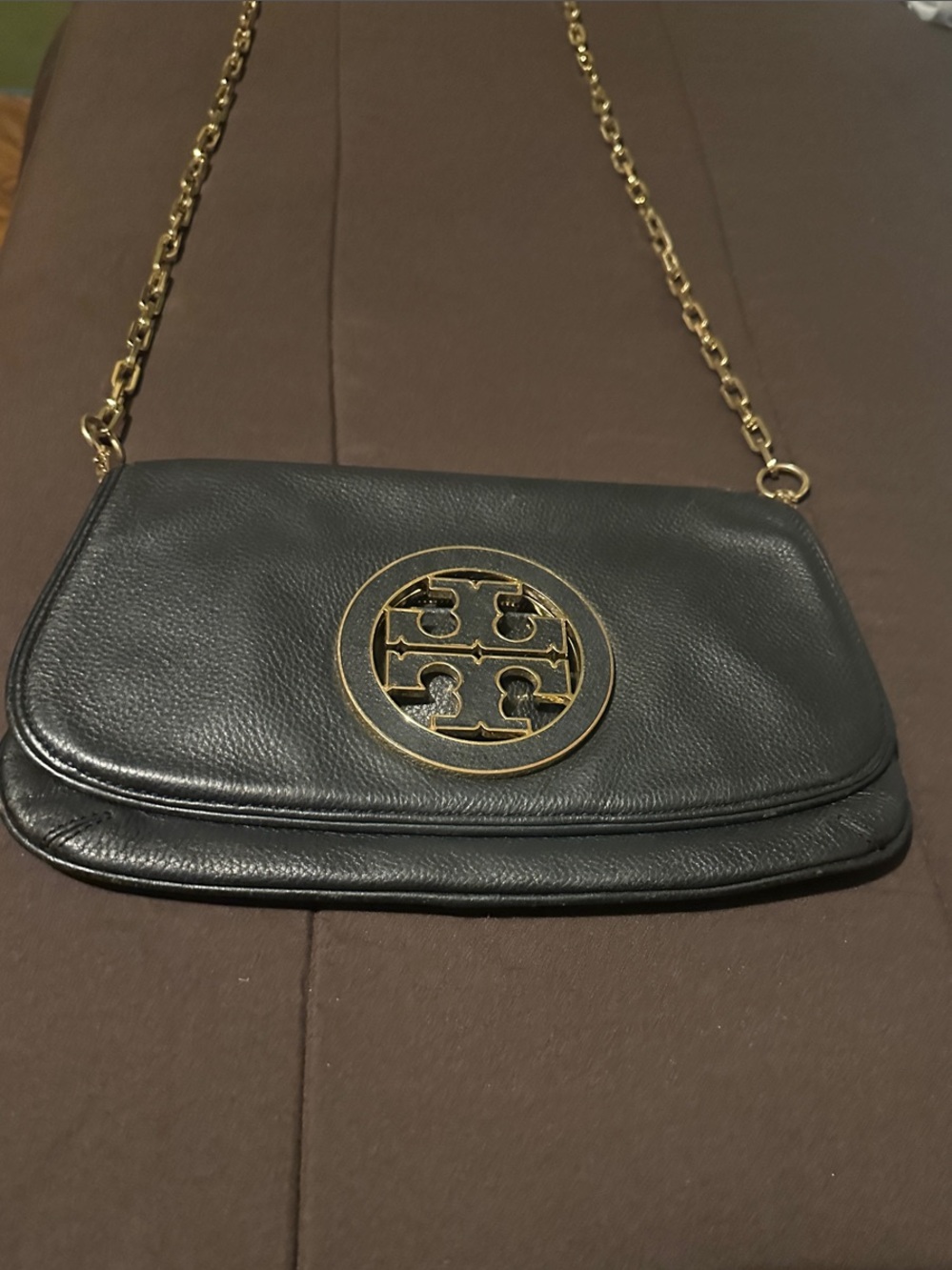 Tory Burch Black Leather Crossbody with Gold Logo Chain